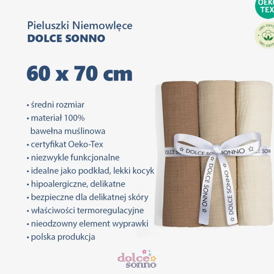 Zestaw 3szt Pieluszek Muślinowych 60 x 70 cm 100% Bawełna Oeko-Tex | Zestaw 2 - Dolce Sonno