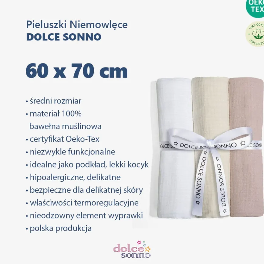 Zestaw 3szt Pieluszek Muślinowych 60 x 70 cm 100% Bawełna Oeko-Tex | Zestaw 5 - Dolce Sonno